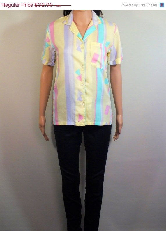 ON SALE Vintage 1980s Short Sleeve Blouse Shirt / Pastel Yellow, Pink, Purple, Green and White Stripes and Geometric Pattern /  Size S