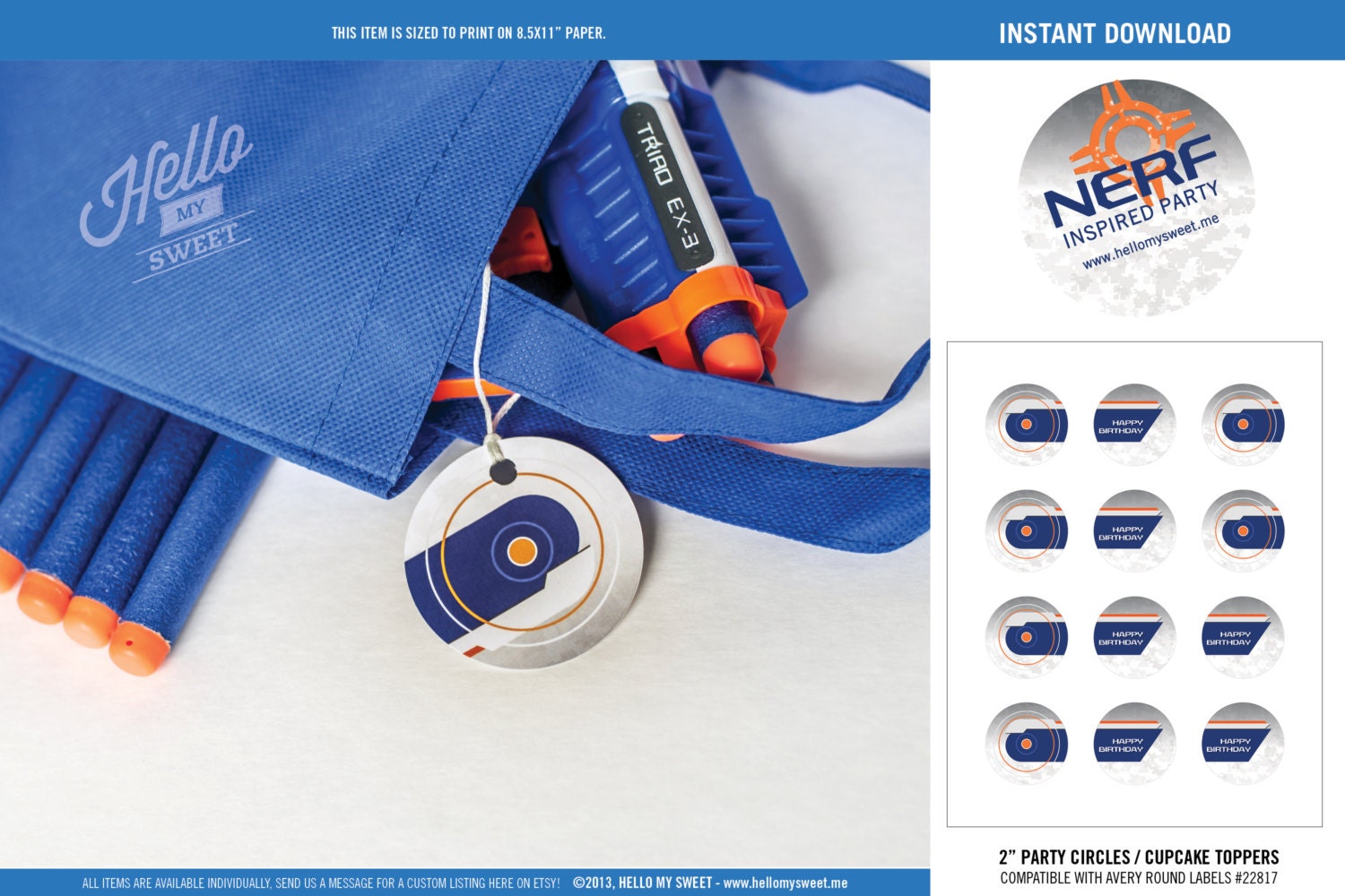 Nerf Party Circles - INSTANT DOWNLOAD - Printable Birthday Party Decorations - 2" Favor Tags - Blue Orange