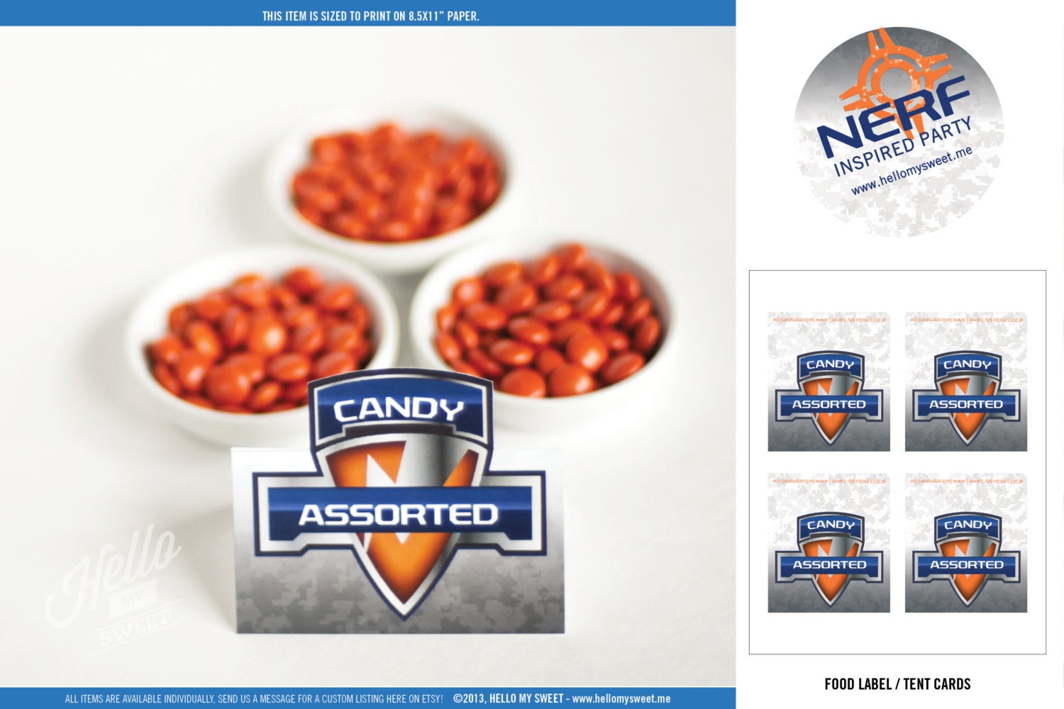 Nerf Labels - Printable Birthday Party Decorations - Food Tags, Tent Cards - Blue Orange