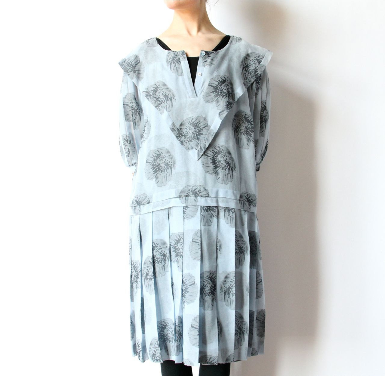80s Silk Babydoll Dress Light Blue & Black Floral Jacquard Organza schoolgirl pleated skirt drop waist oversized flower print party frock