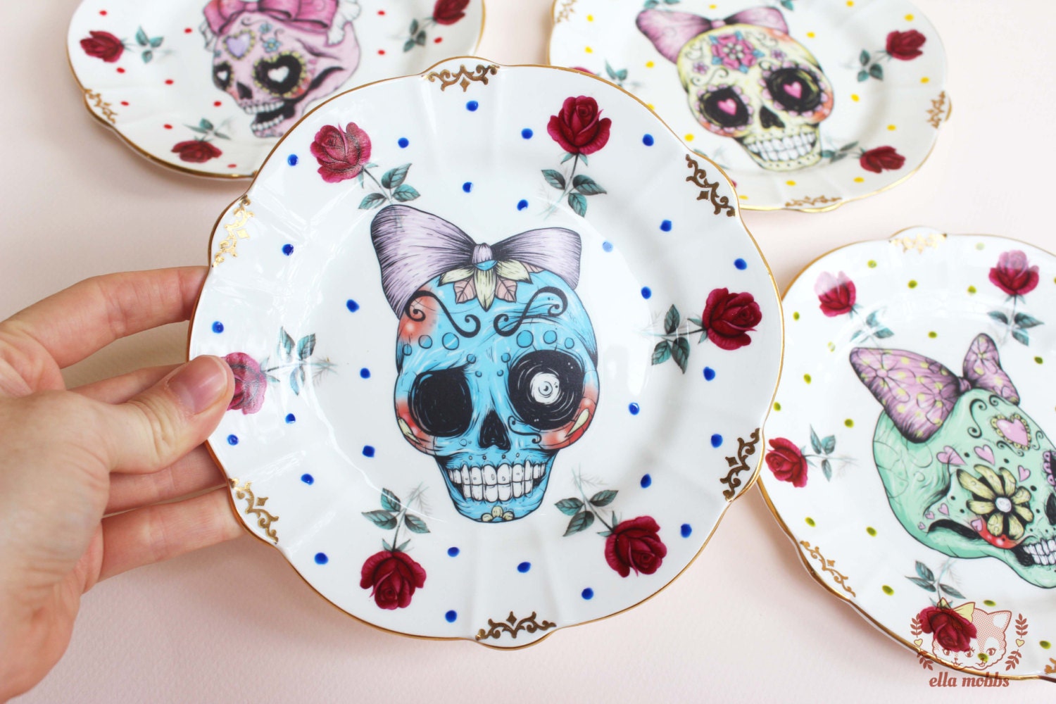Set of 4 Sugar Skull Vintage Butter Plates