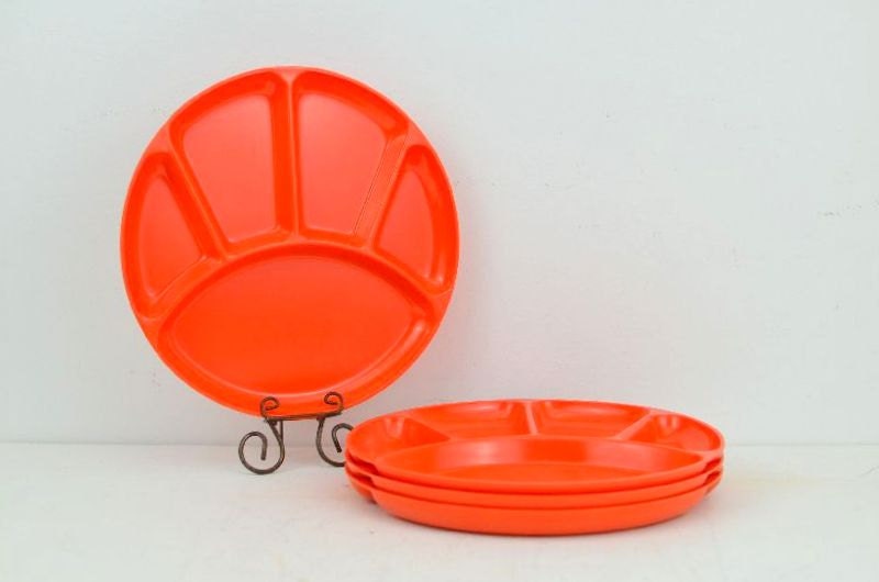 Vintage Retro Orange Fondue Divided Melmac Plates:  Set of 4, Made in Japan