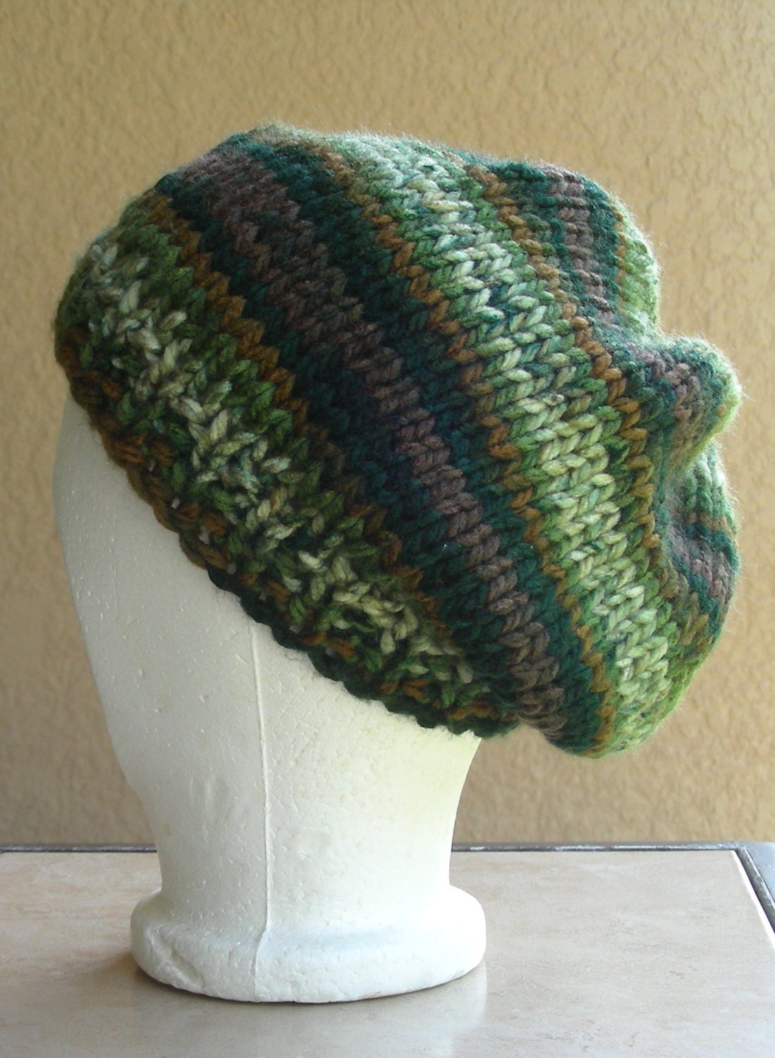Slouch Hat beanie stocking cap or beret in forest green, brown hand knit with a seed stitch ribbing