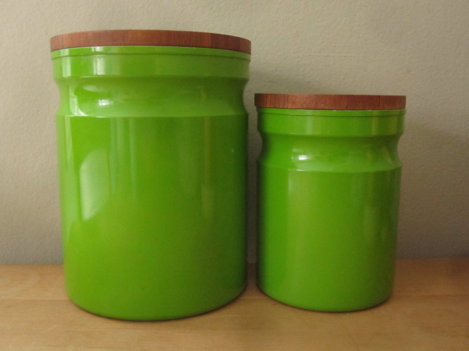 Set of Atapco Apple Green Canisters with Teak Lids