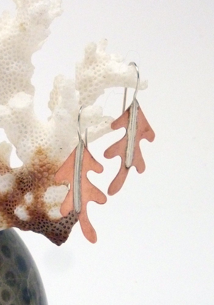 Handmade Copper & Sterling Silver Oak Leaf French wire earring