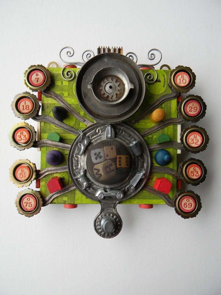 Recycled Art Assemblage  -  "Cyclopean Goddess of Games"  -  Original Mixed Media