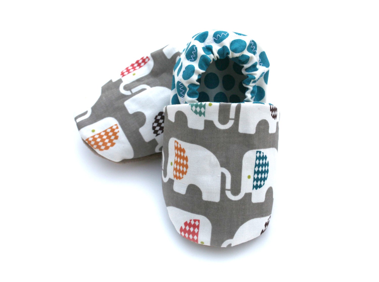 Organic Cotton Elephant Baby Shoes- Eco Friendly Clothing Unisex Gray and Teal -  0 3 6 12 18 months - Baby Clothes Gift for Baby