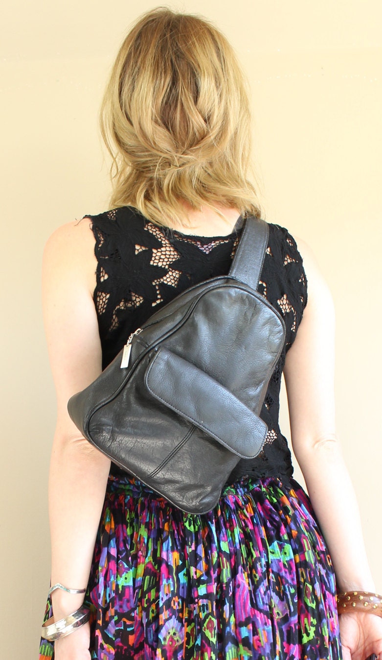 90s Black Leather Crossbody Sling Mini Backpack Purse
