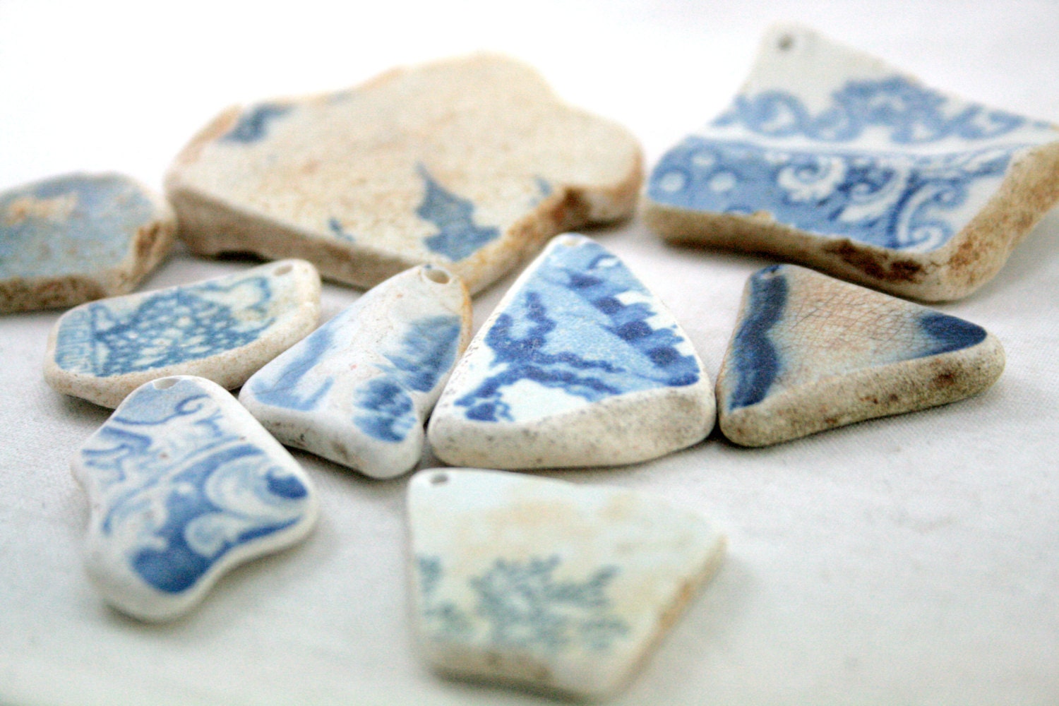 Seaglass Beach Pottery, Blue and White, Porcelain, Ceramics, Floral Ornate, Dark Blue,Hand Drilled, Focal Beads, Jewelry Supplies