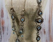 Vintage Victorian Wire Wrap Pendent & Bracelet Set Peacock Blue Crystal, Wedding, Bridal