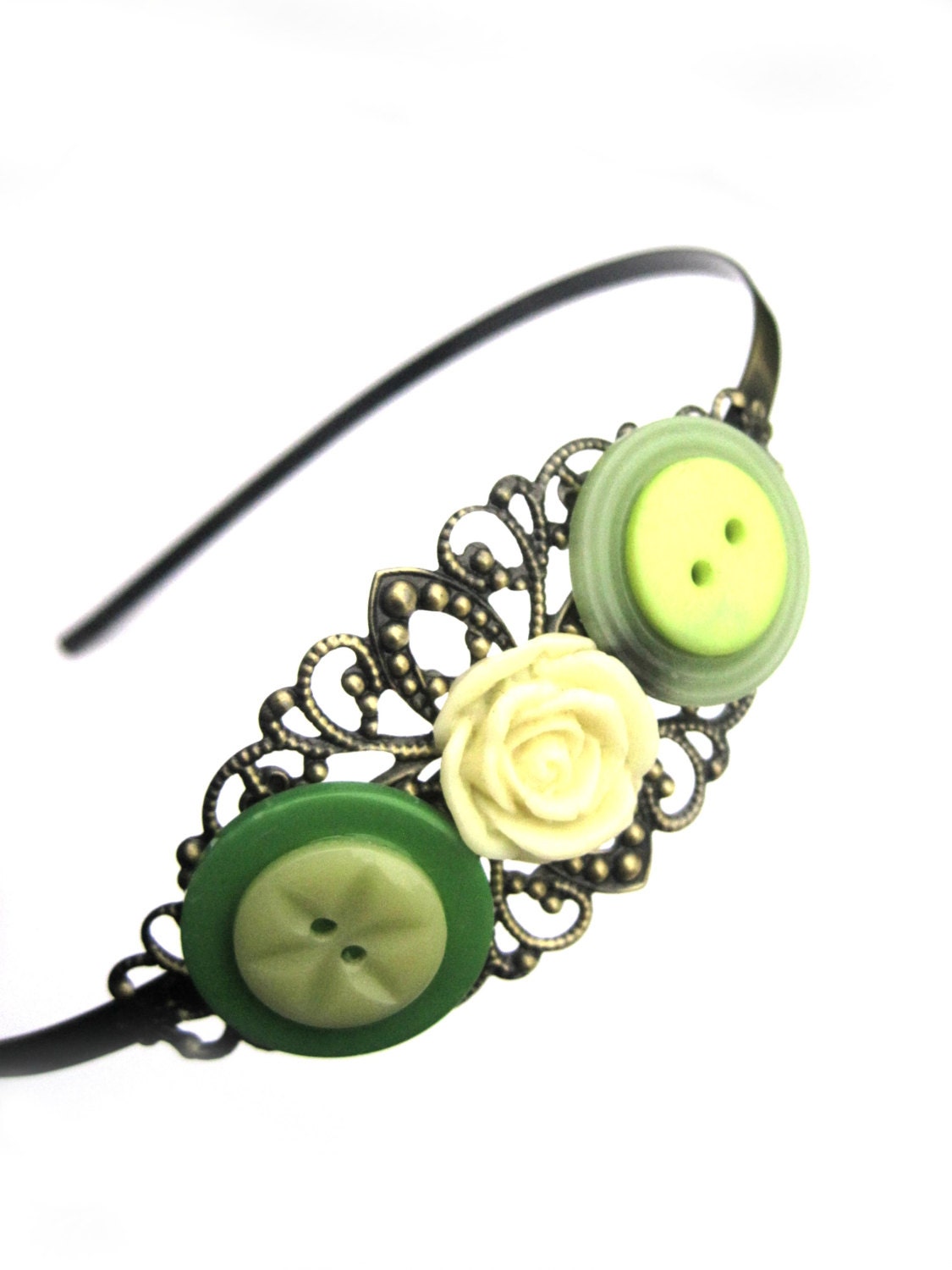 Green headband, neon, green and yellow - filigree headband - vintage buttons, cream flower, rose - metal headband