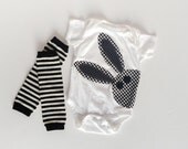 Girl or Boy Easter Bunny Rabbit Onesie With Hand Dyed Baby Leg Warmers Black and White