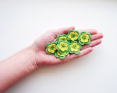 Flower Applique, Crochet Two Layered Flowers, Dimensional Embellishment, Pale Spring Green & Vintage Yellow, Multi Colored, Set of 7
