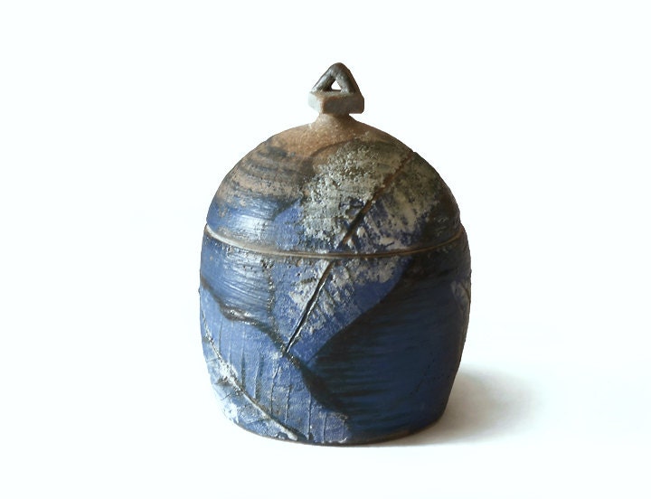 SALE Blue utilitarian jar with leaf textured design
