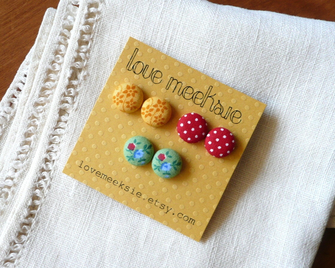 retro rita - fabric button earrings studs - earring gift set of 3