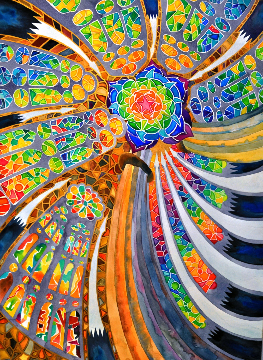 Sagrada Familia (Barcelona Spain Travel Rainbow Trippy Spiritual Mandala Stained Glass Antonio Guadi Architecture Watercolor Painting)