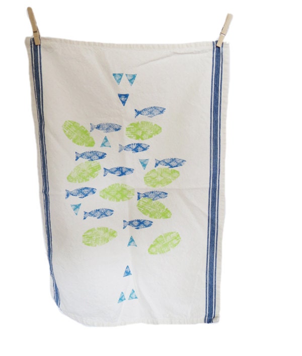 Fish. Dish Cloth. Block Printed. Tea Towel. White. Blue. Green. Nature. Sea. Limited Edition. Housewares. Home Decor. Kitchen. Summer