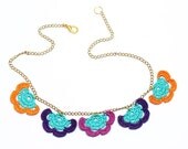 Crocheted Flower Necklace Pink Purple Mint Orange OOAK Varnished Hippie Boho Semicircle Flower Blue Mosque Tile