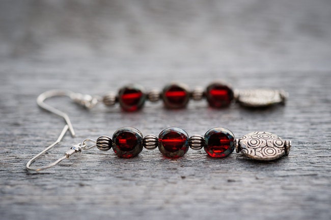 Long Beadwork Earrings Ruby Red Glass Bead Vintage Style Romantic Jewelry