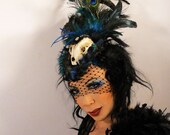Real Skull Headdress Fascinator Headpiece with Black Blue Feathers Vintage Cameo and Swarovski Crystal One of a Kind Apocalyptic