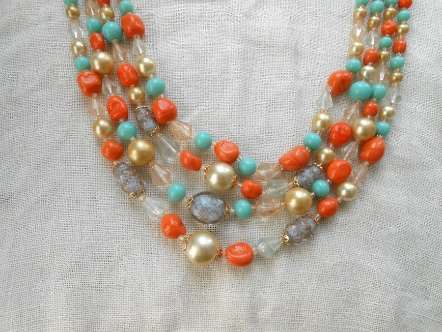 1950s  4 strand Turquoise Orange GLass Bead Necklace. Japan Pearls and Crystal Pop.