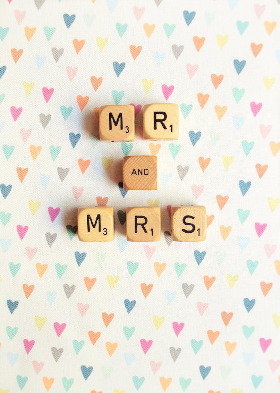 Wedding Prop. Mr & Mrs Photo. Hearts Backdrop. Décor. Vintage Word Dice. Scrabble. Neon Colors. Fine Art Photography. Size A4
