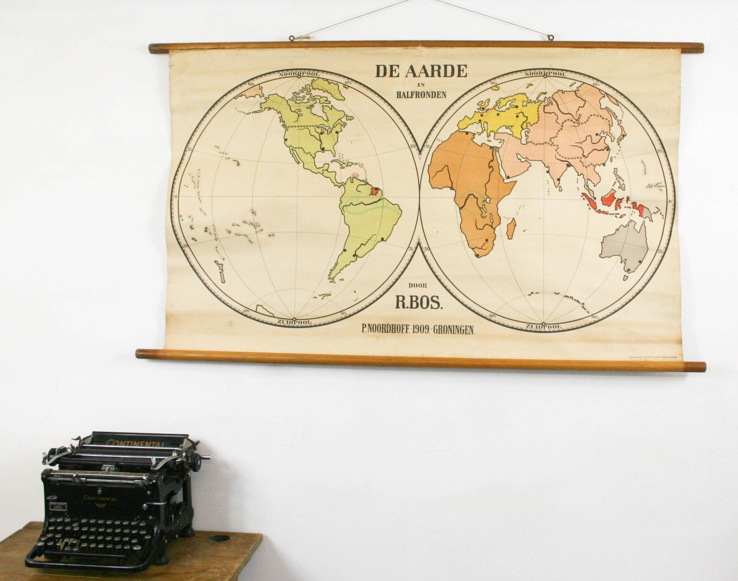 Vintage Pull Down Map, The Planet, World Map, Dutch School Chart