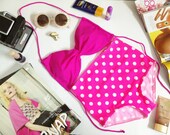 New vintage high waist bikini dark pink top and dark pink with polka dot bottoms fashion on summer women set handmade 100%