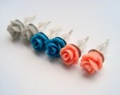 Set of Three Rose Earring Studs: Peach Rose Studs, Teal Flower Earrings,Gray Rose Earrings