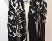 Let's Fly Away Bird Print Lightweight Fashion Scarf Shawl Wrap Black Mint Tan Women's Accessory
