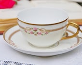 Antique Bernardaud B&Co Limoges Tea Cup and Saucer, Pink Rose Flourish, France c.1900
