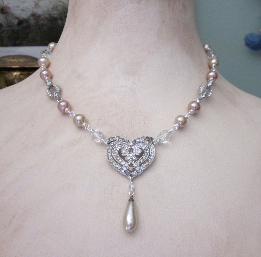 Repurposed Vintage Rhinestone Necklace, Bridal Necklace, Pearls, Crystals, Rhinestone Heart, OOAK Assemblage Jewelry JryenDesigns