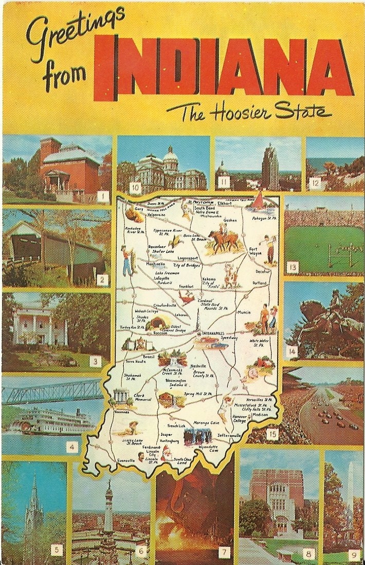 Vintage Postcard Greetings from Indiana The Hoosier State -  Map - 1970s