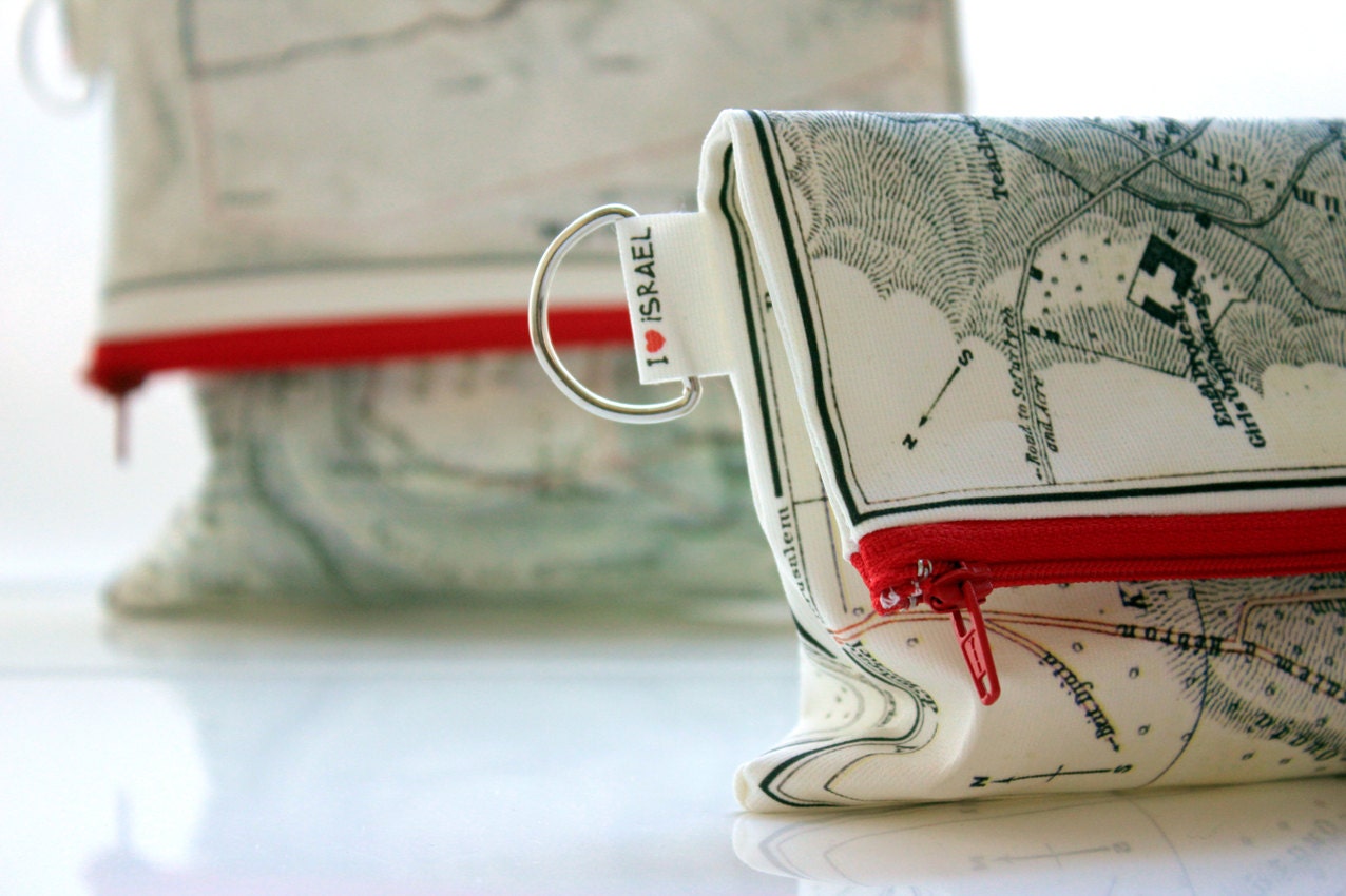 Fold over clutch - women hand bag printed with the map of ancient Israel - showing Bethlechem and Nazareth old cities from 1912 red zipper