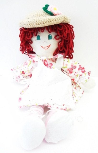 one of a kind cloth rag doll soft body traditional style dark red hair NF192