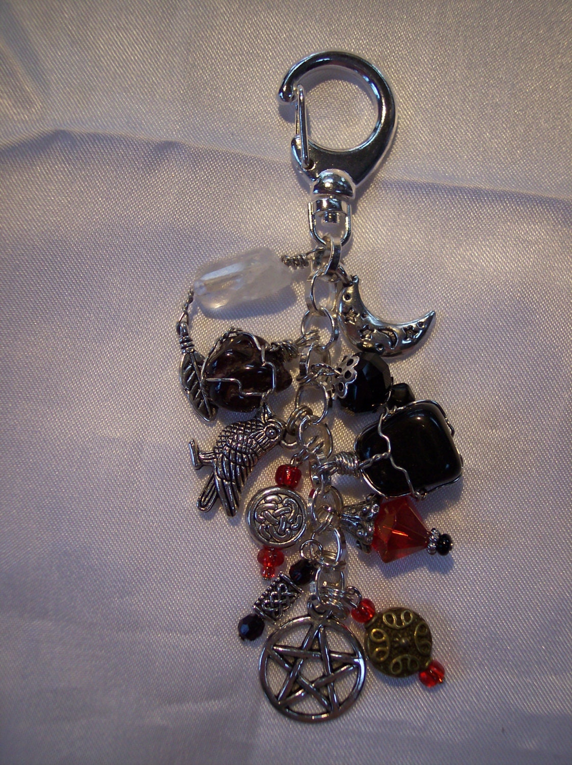 Goddess Morrighan Charm Clip for Purse / Jeans / Car - Garnet/Obsidian/Moonstone - U.S. S&H Included