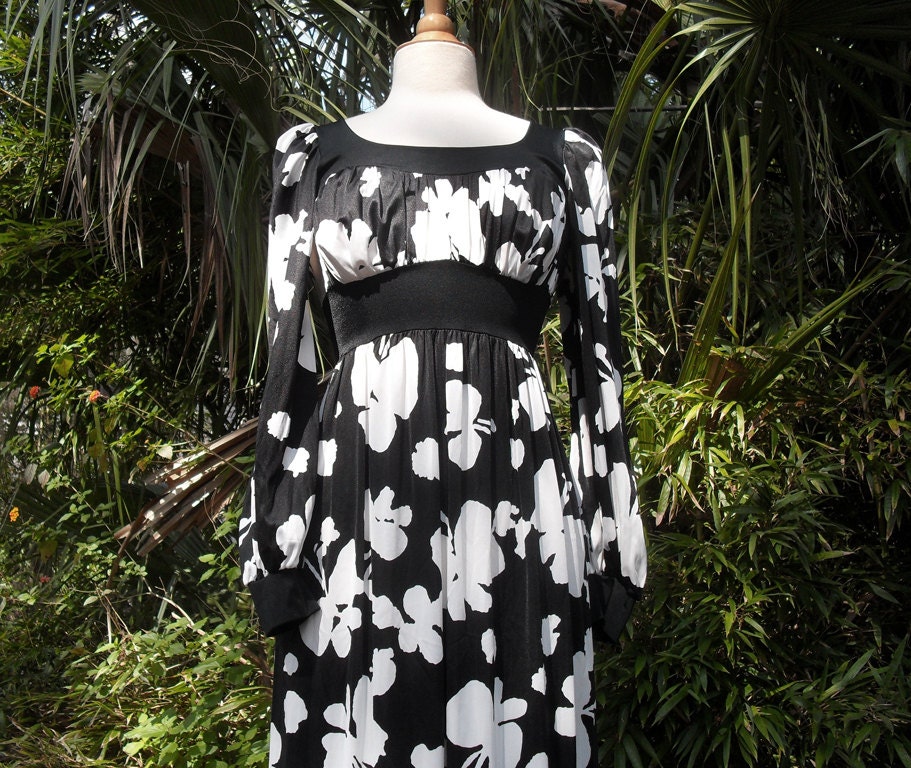 Black and White Op Art 1960s Maxi Dress Olga Hippie Dress