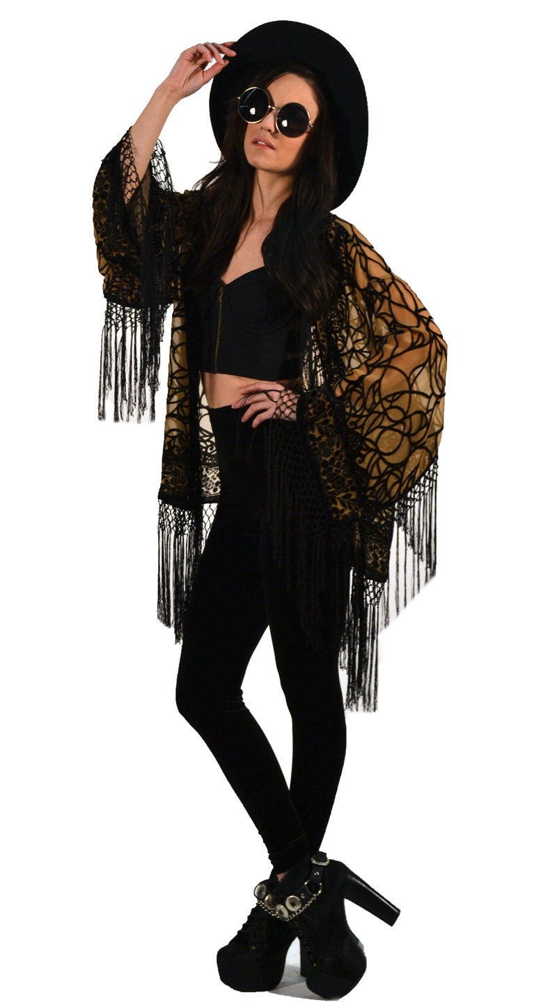 Black and Tan Art Nouveau Floral Velvet Burnout Gypsy Fringe Kimono Jacket