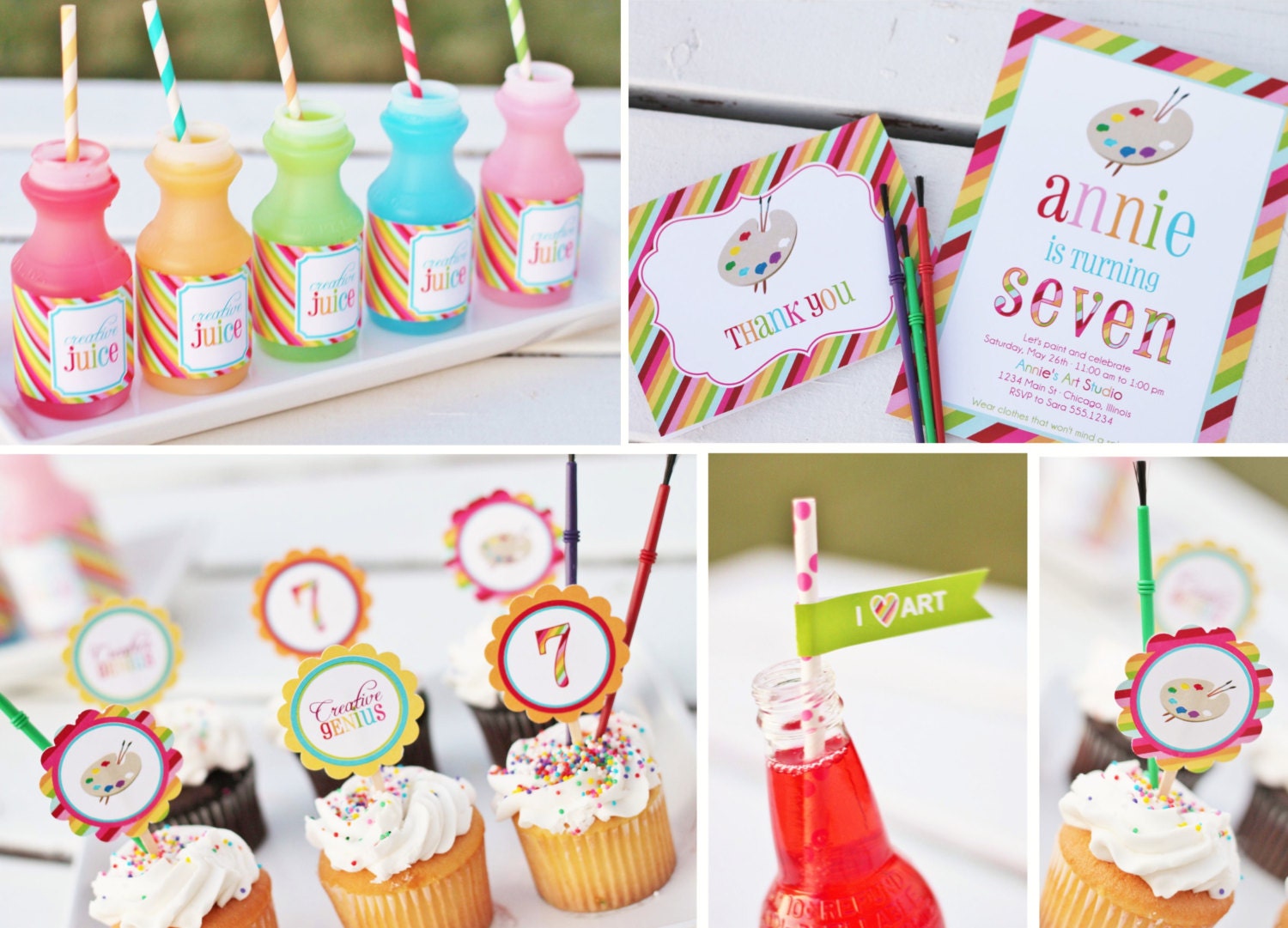 Rainbow ART Party Printable Entire Set - invitations, bottle wraps, tags, toppers, flags, banner, thank you card