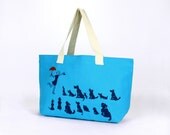 Teal Cotton Canvas Tote -  "Dog Park" Design In Navy & Red