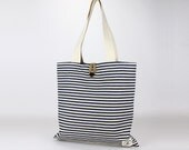 Reversible Jute Burlap Tote Bag - Indigo Stripes & Natural Burlap