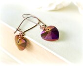 Aubergine - heart long earrings purple oxblood burgundy pomegranate violet glass beads copper gift idea for her Valentine love jewelry