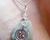 Wire-wrapped River Stone, Roman Glass & Yin-Yang Charm necklace with Sterling Silver Chain