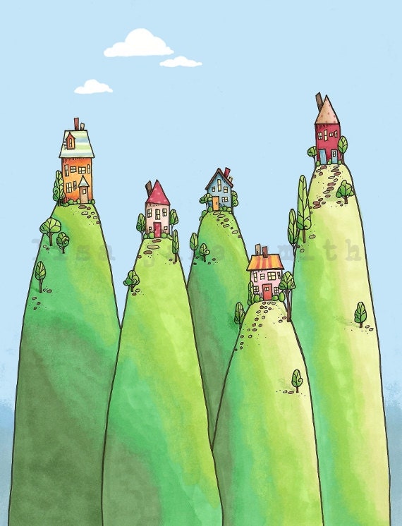 Landscape with houses ... cute hillside cottages art print