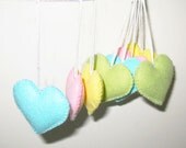 Set of 8 Felt Hearts - pastel colors - Blue, Pink, Yellow, Green mint - Handmade Easter ornaments - Holiday Wedding decoration - Home decors
