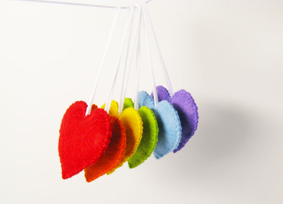 Set of 12 Felt Hearts - Rainbow colors - Handmade colorful ornaments gift - Kid's room, Birthday party, Holiday decoration - Home decors