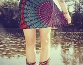Mini Wrap Skirt, Peacock Hippie Skirt, Cover-Up, Boho, Gypsy, Moon Sunburst, Peacock Print, Skirt, Bohemian, Festival Skirt, Yoga