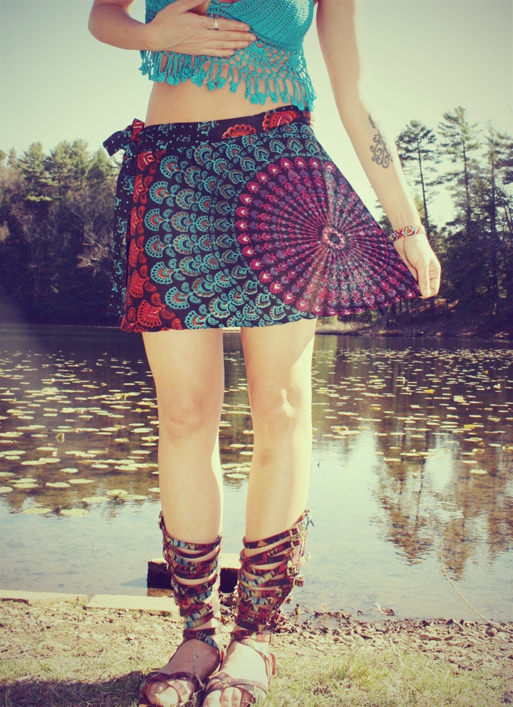 Mini Wrap Skirt, Peacock Hippie Skirt, Cover-Up, Boho, Gypsy, Moon Sunburst, Peacock Print, Skirt, Bohemian, Festival Skirt, Yoga