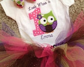 1st birthday owl onesie with name, colorful tutu, and matching hair bow