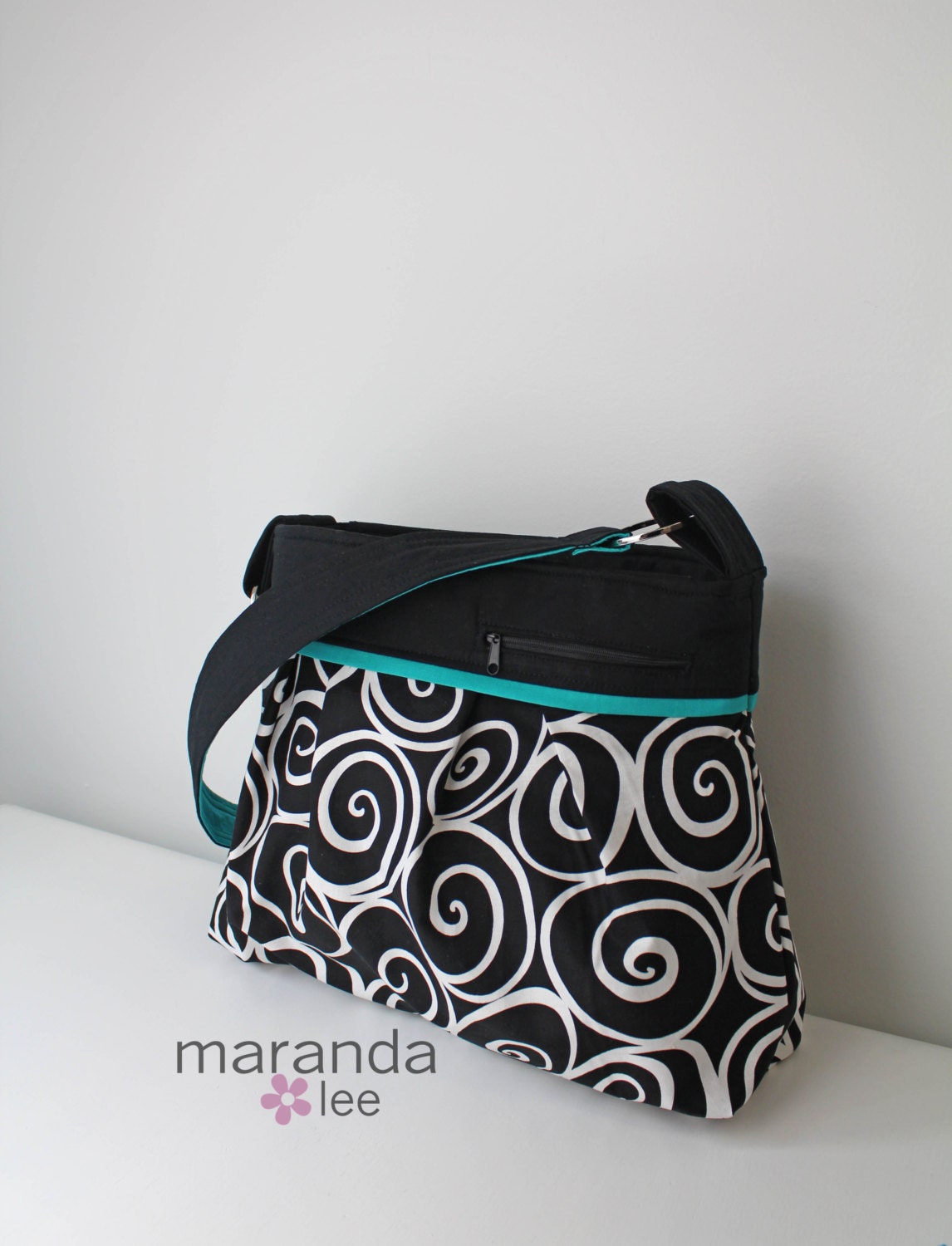 Stella Chevron DELUXE Diaper Bag - Large - Ironworks with Black and Teal accent- with Zipper Closure and Zipper Cell Pocket